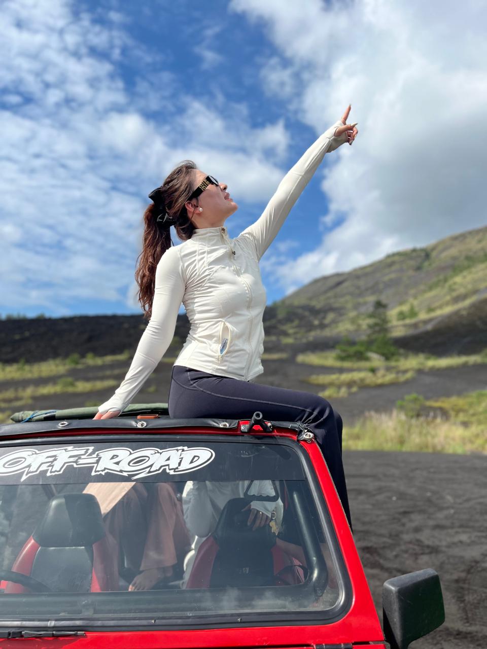 Aerial view of Jeep trail through lava fields