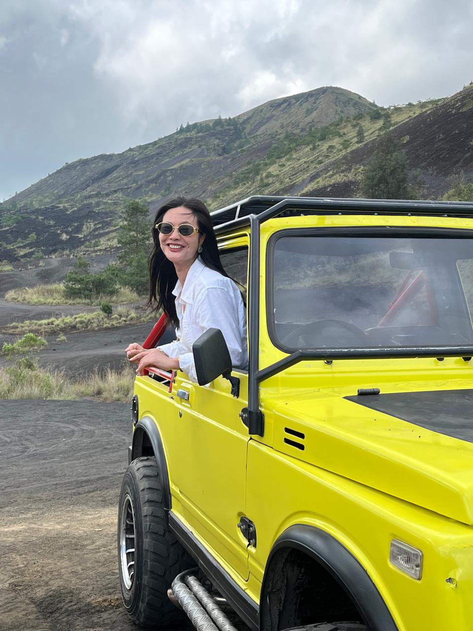 Aerial view of Jeep trail through lava fields